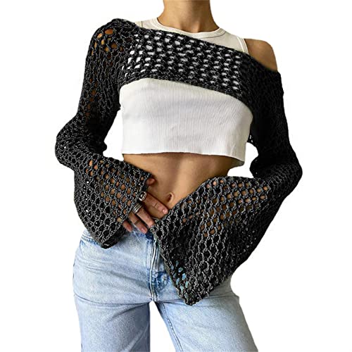 KEOMUD Frauen Mesh Häkeln Crop Top Langarm Aushöhlen Cropped Knit Pullover Bikini Strand Durchsichtig Cover Ups, Schwarz, Medium von KEOMUD