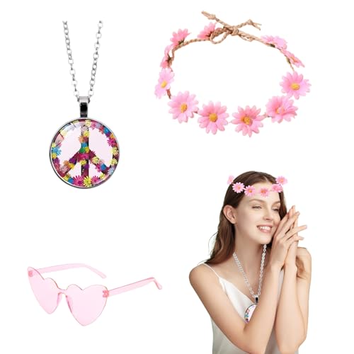 Hippie Kostüm Set, 5 Stück 60er 70er Kostüm Zubehör, Flower Power Accessoires, Sonnenblume Krone Haarband, Hippie Brille, Peace Kette und Ohrringe, für Disco Party, Fasching Karneval, Cosplay (Rosa) von KEORHEZ