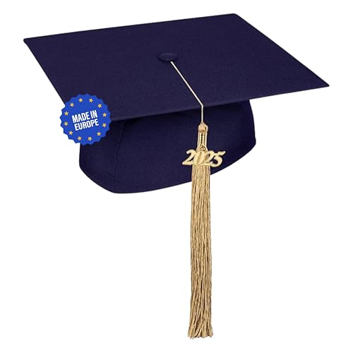 KEPI - Abschluss Hut, Doktorhut, Europäischer Hersteller, Graduation Hut im Universalgröße, Verstellbereich 54-61 cm, Quaste mit Datumsanhänger 2025, Abschlusshüte in 18 Farben - Gold von KEPI