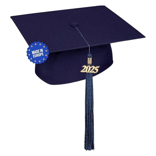 KEPI - Abschluss Hut, Doktorhut, Europäischer Hersteller, Graduation Hut im Universalgröße, Verstellbereich 54-61 cm, Quaste mit Datumsanhänger 2025, Abschlusshüte in 18 Farben - Marineblau von KEPI