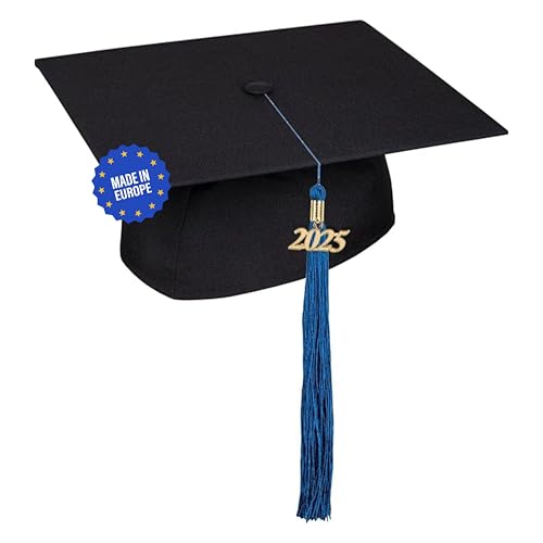 KEPI - Abschluss Hut, Doktorhut, Europäischer Hersteller, Graduation Hut im Universalgröße, Verstellbereich 54-61 cm, Quaste mit Datumsanhänger 2025, Abschlusshüte in 18 Farben - Dunkelblau von KEPI