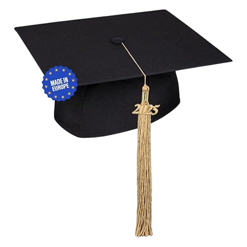 KEPI - Abschluss Hut, Doktorhut, Europäischer Hersteller, Graduation Hut im Universalgröße, Verstellbereich 54-61 cm, Quaste mit Datumsanhänger 2025, Abschlusshüte in 18 Farben - Golden von KEPI