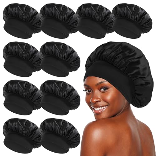 KEPUWAY 10 Stück Hauben zum Schlafen, hochwertiges seidiges Satinhaar, mit elastischem breitem Band für Frauen (entworfen für schwarze Fans) von KEPUWAY