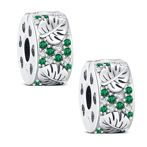 KEQ 925 Sterlingsilber Armband Clip Spacer Charm mit Zirkonia - Verstellbarer Clip Lock Stopper Perle als Evil Eye, Stern & Mond Design - Elegantes Geschenk für Frauen (Bambusgrün Turtleback) von KEQ