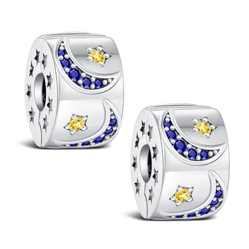 KEQ 925 Sterlingsilber Armband Clip Spacer Charm mit Zirkonia - Verstellbarer Clip Lock Stopper Perle als Evil Eye, Stern & Mond Design - Elegantes Geschenk für Frauen (Mond und Stern) von KEQ