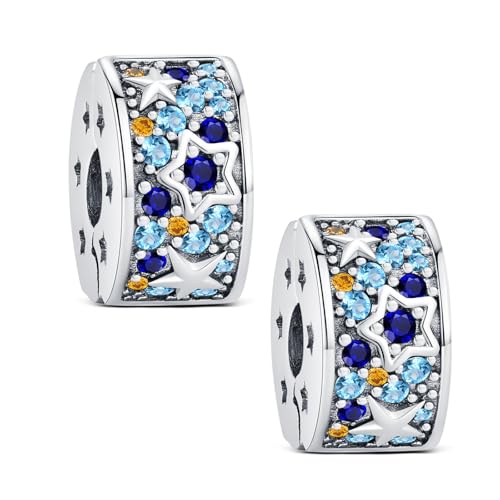 KEQ 925 Sterlingsilber Armband Clip Spacer Charm mit Zirkonia - Verstellbarer Clip Lock Stopper Perle als Evil Eye, Stern & Mond Design - Elegantes Geschenk für Frauen (Nachthimmel) von KEQ