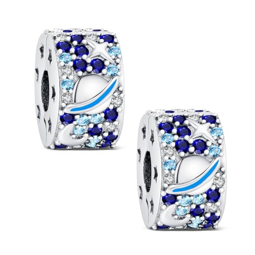 KEQ 925 Sterlingsilber Armband Clip Spacer Charm mit Zirkonia - Verstellbarer Clip Lock Stopper Perle als Evil Eye, Stern & Mond Design - Elegantes Geschenk für Frauen (Sterne und Mond) von KEQ