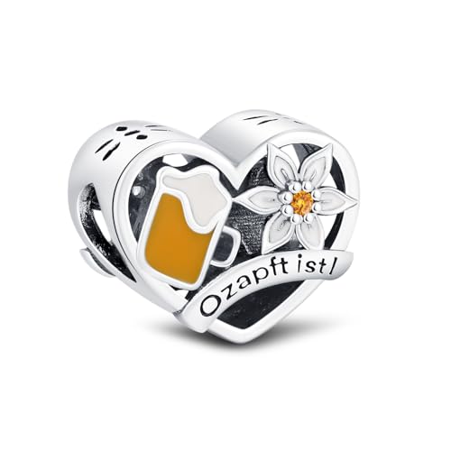 KEQ Wiesn Geschenke für Frauen Anhänger Charm aus 925er Sterlingsilber, Oktoberfest Fahnenperlen Herzform mit Händen, kompatibel mit Pandora-Armbandn (Ozapftist!) von KEQ