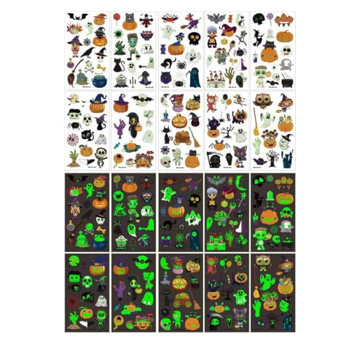 KEQAR 10 Glow-in-the-Dark Tattoosticker für Kinder – temporäre Halloween-Tattoos zum Aufkleben, Party-Deko & Grusel-Mitgebsel (A) von KEQAR