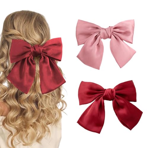 KEQAR 2 PCS Schleifen-Haarspangen, Haarspangen mit Schleife, französische Haarspangen, Kopfbedeckung für Mädchen (Bohne, rosa und rot) von KEQAR