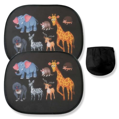 KEQAR 2er UV-Schutz Set Sonnenschutz Auto Baby, für Seitenscheiben mit Süßem Tiermuster, Faltbar & Tragbar mit Aufbewahrungstasche, Auto Sonnenblende Kinder mit einfacher Anwendung (44x36cm) von KEQAR