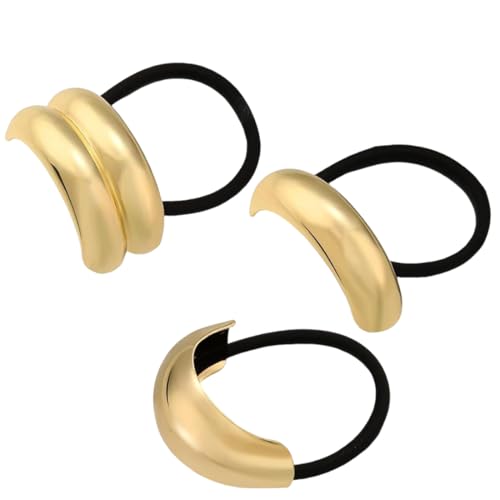 KEQAR 3-er Set goldene Pferdeschwanz-Ringe – geometrische elastische Haargummis, elegante Damen Haarband-Accessoires von KEQAR