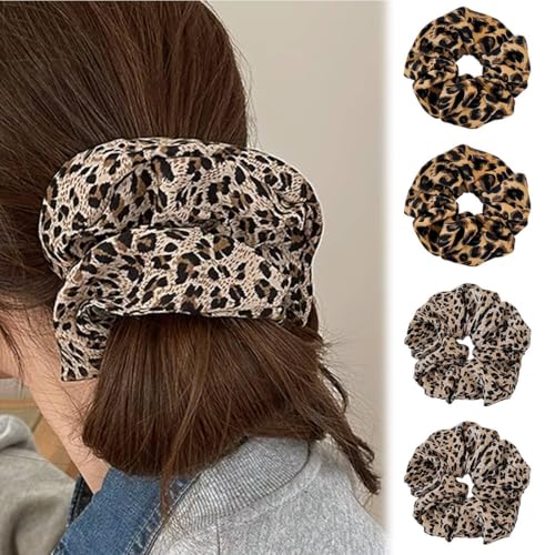 KEQAR 4 PCS Haargummi für Damen Leopardenmuster Scrunchies Starker Halt Haargummis Extra Groß Scrunchie für Dickes Haar, Dunkles & Helles Leopardenmuster von KEQAR