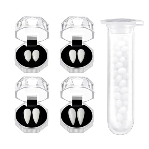 KEQAR 4 Pairs Vampir Zähne Kit mit 1 Rohr Zähne Pellets Klebstoff für Party Cosplay, Halloween, Demon, Witch (4 Größen) von KEQAR