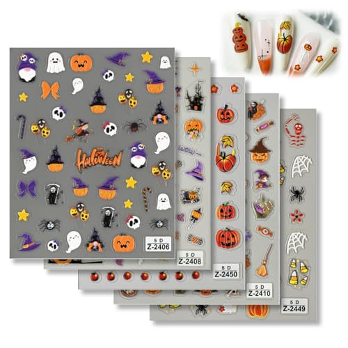 KEQAR 5 Blatt 3D Halloween Nail Art Sticker Selbstklebend Nagelaufkleber 5D Stereoskopisch Niedlicher Kürbis Geist Blumen Spuk Dekoration Nageldesign Zubehör von KEQAR