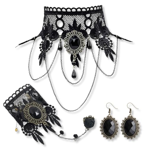 KEQAR 5 PCS Gothic-Halsband und Armbänder Set, viktorianischer Steampunk-Retrostil mit Zahnrädern, Spitze und Vampir-Design – perfekt für Halloween, Ostern und Lolita-Outfits von KEQAR