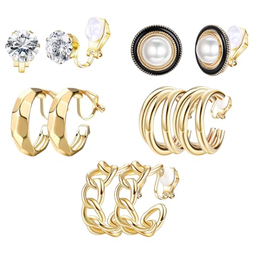 KEQAR 5 Paar Gold Ohrclips für Damen, Kein Ohrlöcher Vergoldet Clip Ohrringe, Chunky Creolen Set, Twist Knot Modeschmuck Geschenk, Hypoallergen (Gold) (Stil 1) von KEQAR