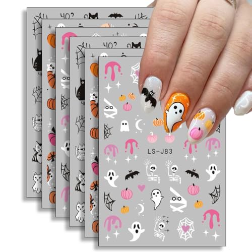KEQAR 6 Blatt Selbstklebend Nagelsticker Halloween Nail Art Sticker Nagelaufkleber Niedlicher Horror Geist Hexe Spinnennetz Fledermaus Kürbis Spuk Dekoration Nageldesign Zubehör von KEQAR