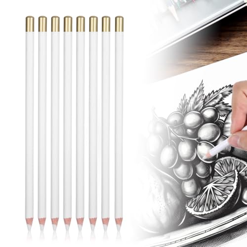 KEQAR 8-teiliges Künstler-Kohlestift-Set, Radiergummi-Bleistift, weißer Bleistift, Kohlestift, künstlerisches Zeichenzubehör für feine Details und Übergangsskizzen (weiß) von KEQAR