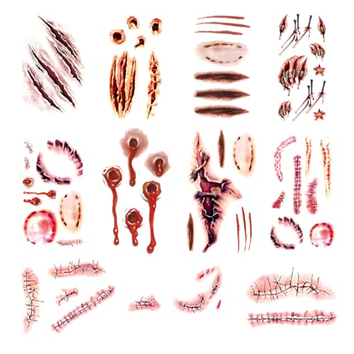 KEQAR 9 Blatt Gesichtstattoo Karneval, Horror Narben Wunden Spinnen Gruselig Tattoo Gesicht, Zombie Vampir Hexen Kostüm Damen Make Up Schminke Zubehör von KEQAR