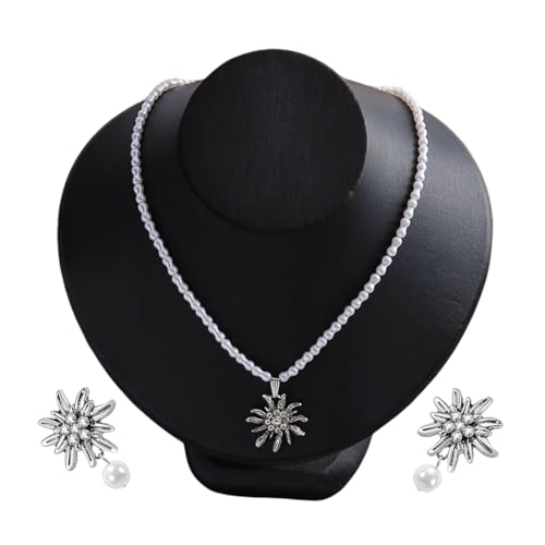 KEQAR Set Traditional Necklace with Rhinestone Edelweiss Pendant and Heart Shape Edelweiss Stud Earrings von KEQAR