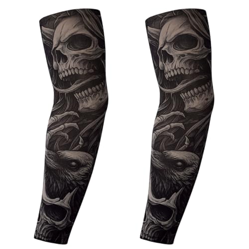 KEQAR Tattoo-Armstulpen Fake-Nylon-Elastikstrumpf voller Arm Totenköpfe Halloween dehnbar für Erwachsene zum Hineinschlüpfen Biker Gothic Rosen Stammes Kostüm von KEQAR
