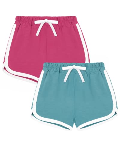 KEREDA Kinder Mädchen Shorts Kurze Hose Radlerhose Sporthose 2er-Pack, Grün/Rosarot, 10-12 Jahre von KEREDA