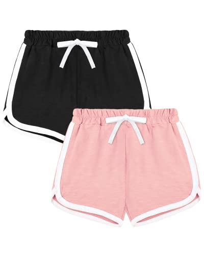 KEREDA Kinder Mädchen Shorts Kurze Hose Radlerhose Sporthose 2er-Pack, Schwarz/Rosa, 10-12 Jahre von KEREDA