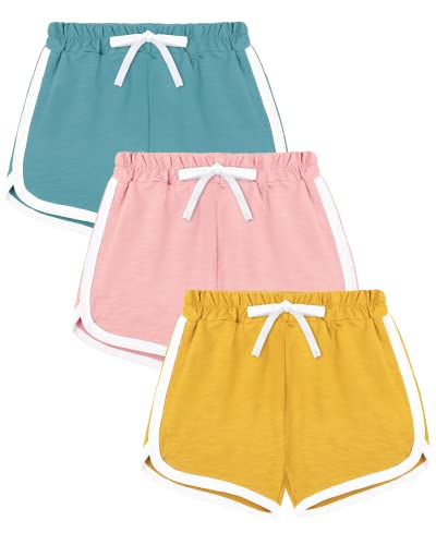 KEREDA Kinder Mädchen Shorts Kurze Hose Sommer Radlerhose Sporthose 3er-Pack, Grün/Rosa/Gelb, 6-7 Jahre von KEREDA