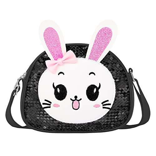 KEREDA Kinder Mädchen Umhängetasche Handtasche Hase kindertasche Messenger CrossBody Bag Glitzer Pailletten, Schwarz von KEREDA