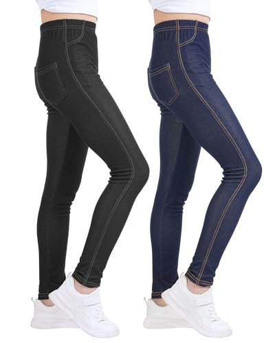 KEREDA Jeggings Mädchen Leggings Hosen Kinder Stretch Jeans-Optik 2er-Pack, Dunkelblau/Schwarz, EU 122-128, Manufacturer 130 von KEREDA