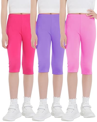 KEREDA Mädchen Kinder Capri 3/4 Leggings Kurze Hose Baumwolle 3 Paar,Rosarot/Rosa/Violett,116-122 von KEREDA