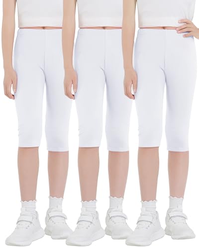 KEREDA Mädchen Kinder Capri 3/4 Leggings Kurze Hose Baumwolle 3 Paar,Weiß,116-122 von KEREDA