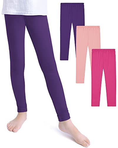 KEREDA Mädchen Leggings Baumwolle Hosen Lange Sport 3er-Pack, Rosarot/Rosa/Dunkelviolett, 140-146 von KEREDA