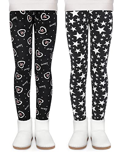 KEREDA Mädchen Leggings Gefüttert Thermo Winter Warme Dicke Thermohose 2er-Pack,Fünfzackiger Stern/Herzen Schleife,134-140 (Lable Size 140) von KEREDA