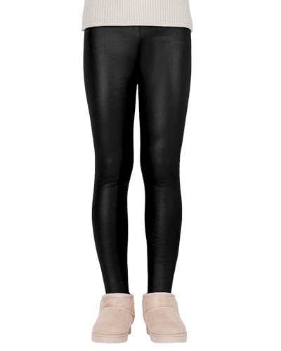 KEREDA Mädchen Leggings Thermo Gefüttert Thermoleggings Winter Warme Kunstleder 1er-Pack,Schwarz Kunstleder,110-116 von KEREDA