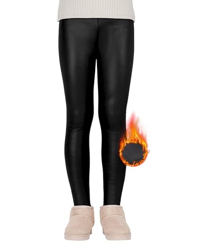 KEREDA Mädchen Leggings Thermo Gefüttert Thermoleggings Winter Warme Kunstleder 1er-Pack,Schwarz Kunstleder,134-140 von KEREDA