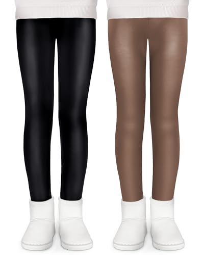 KEREDA Mädchen Leggings Thermo Gefüttert Thermoleggings Winter Warme Kunstleder 2er-Pack,Schwarz/Braun,104-110 von KEREDA