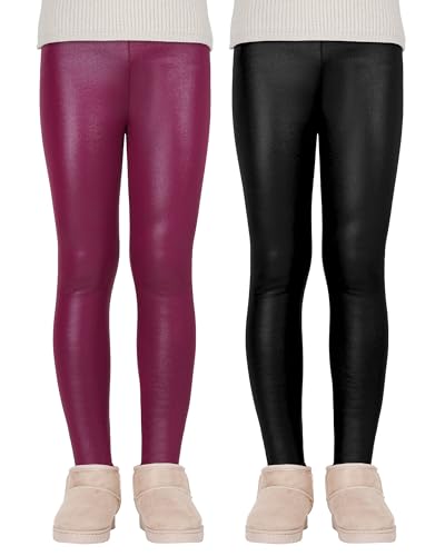 KEREDA Mädchen Leggings Thermo Gefüttert Thermoleggings Winter Warme Kunstleder 2er-Pack,Schwarz/Weinrot,104-110 von KEREDA
