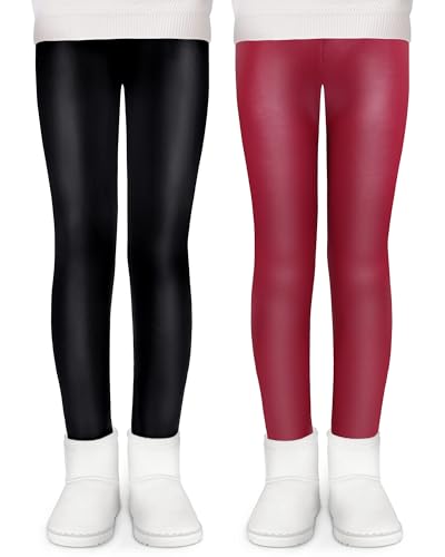 KEREDA Mädchen Leggings Thermo Gefüttert Thermoleggings Winter Warme Kunstleder 2er-Pack,Schwarz/Weinrot,110-116 von KEREDA