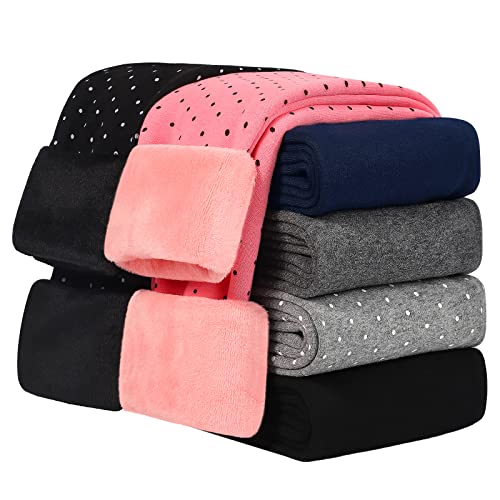 KEREDA Mädchen Leggings Thermo Gefüttert Warme Winter Dicke 2er-Pack,Schwarz Tupfen/Rosa Tupfen,128-134 von KEREDA