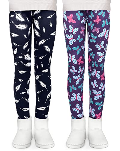 KEREDA Mädchen Leggings Thermo Gefüttert Winter Warme 2er-Pack,Feder/Schmetterling,104-110 von KEREDA