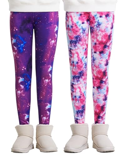 KEREDA Mädchen Leggings Thermo Gefüttert Winter Warme 2er-Pack,Lila Galaxis/Rosa Galaxis,140-146 von KEREDA