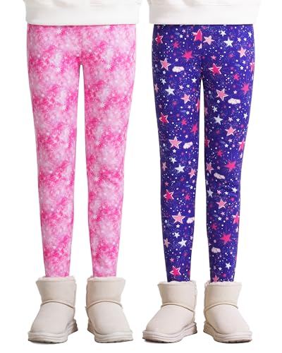 KEREDA Mädchen Leggings Thermo Gefüttert Winter Warme 2er-Pack,Lila Sterne/Rosa Sterne,116-122 von KEREDA