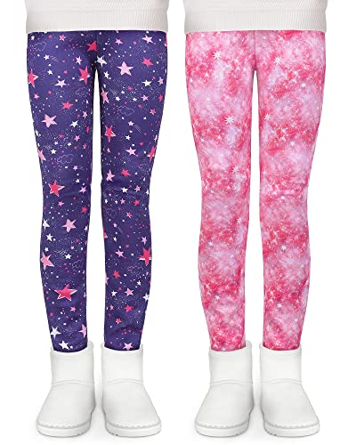 KEREDA Mädchen Leggings Thermo Gefüttert Winter Warme 2er-Pack,Lila Sterne/Rosa Sterne,122-128 von KEREDA