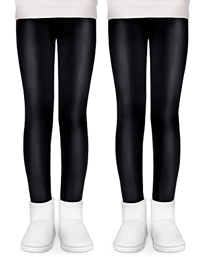 KEREDA Mädchen Leggings Thermo Gefüttert Thermoleggings Winter Warme Kunstleder 2er-Pack,Schwarz Kunstleder,110-116 von KEREDA