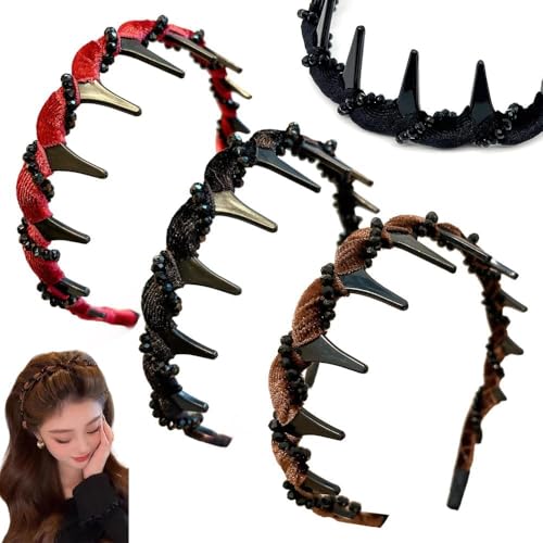 3 StüCk Vintage-Haarband Mit Kunstperlen Und Geflochtenen ZäHnen, Klassisches Retro-Haar-Accessoire FüR Hochzeiten, Partys Und Den Alltag (A) von KERLYING