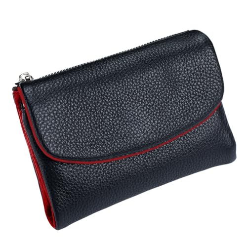KERLYING Unisex Leather Wallet, 5.3In Short Genuine Leather Coin Card Holder, Unisex Clutch Bags with Credit Card Holder and Cash Slots (Black with Red) von KERLYING