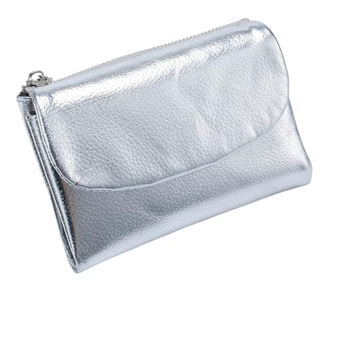 KERLYING Unisex Leather Wallet, 5.3In Short Genuine Leather Coin Card Holder, Unisex Clutch Bags with Credit Card Holder and Cash Slots (Silver) von KERLYING