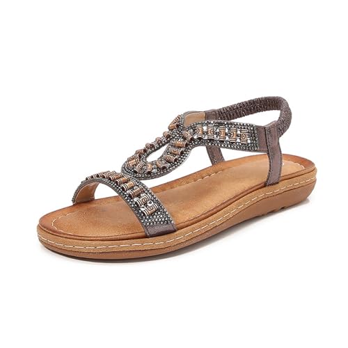 KEROBGJFS Damen-Sandalen, bequem zu Fuß, rutschfest, lässig, Sommer-Strandschuhe, Kleid, Knöchel, elastisch, mit Juwelen besetzt, Bohemian-Flats von KEROBGJFS